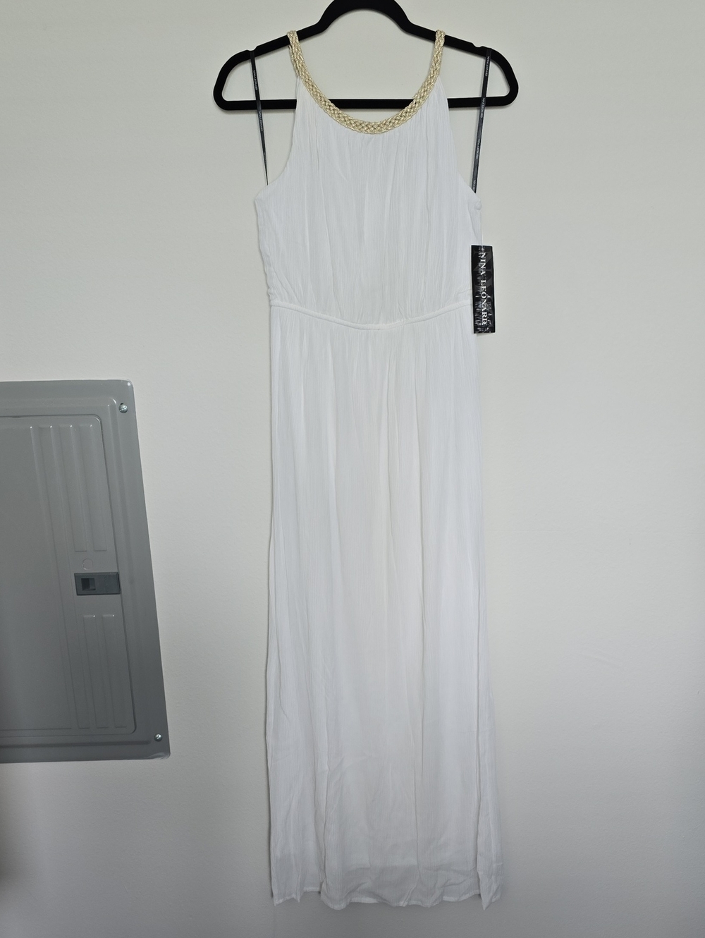 NWT Nina Leonard White Maxi Dress with Gold Braided Neckline